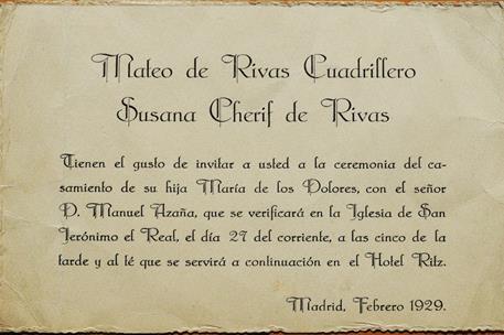 Invitación de boda. Invitación a la boda de Manuel Azaña con Dolores de Rivas Cherif, celebrada el 27 de febrero de 1929 en la Iglesia de lo...